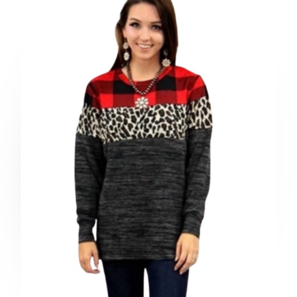 Buffalo Plaid and Leopard Color Block Top - Picture 3 of 5